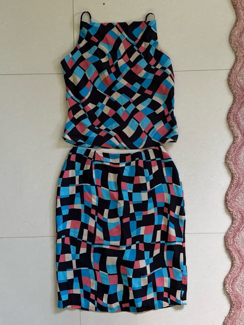 INC International Concepts 100% Silk Black Geometric Print Two Piece Set